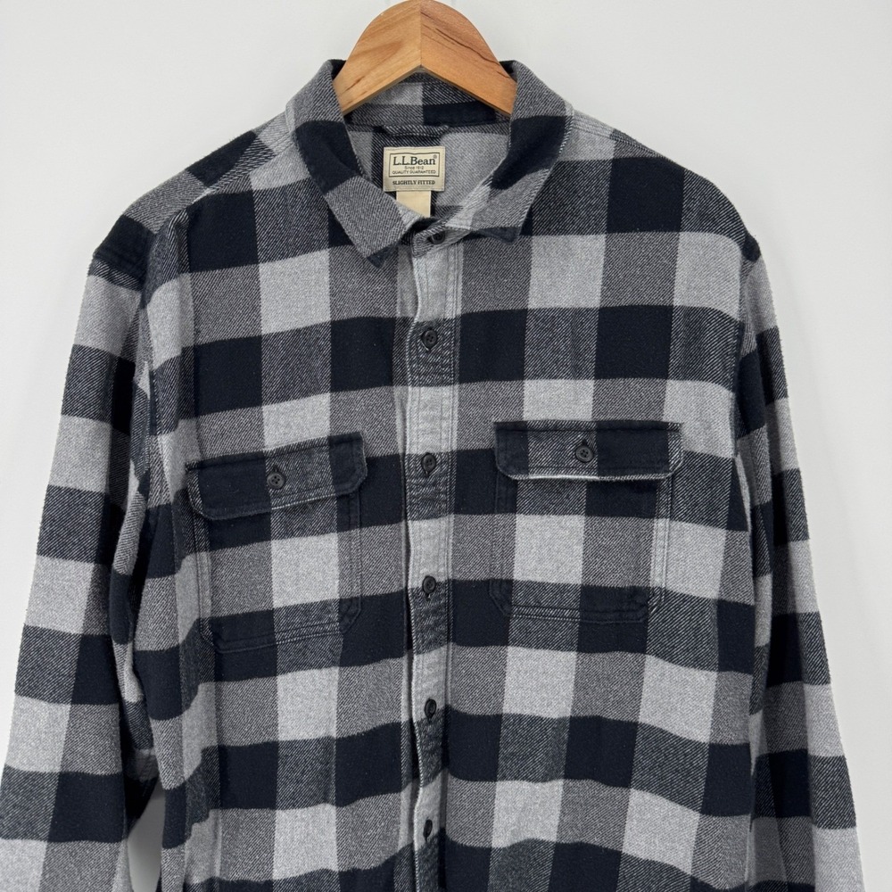 LL Bean Mens Flannel Shirt Black Grey Plaid Organic Cotton Button Down Large